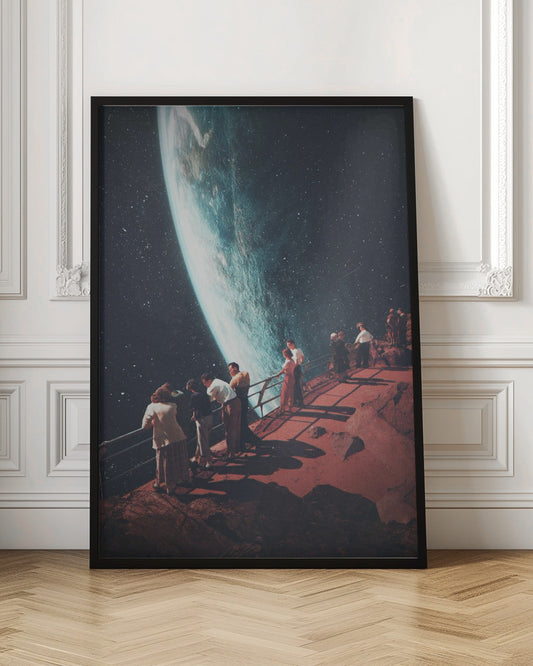 A surreal vintage-style collage showing a group of people dressed in mid-century clothing standing on a reddish-brown rocky platform with a railing, gazing in awe at a massive, glowing planet against a dark, star-filled sky. Poster