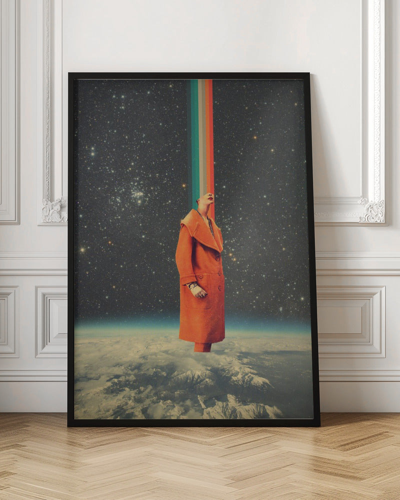 A surreal collage featuring a person in a bright orange coat standing above the Earth, looking up as a colorful retro stripe beams from their head into the starry cosmos. Print