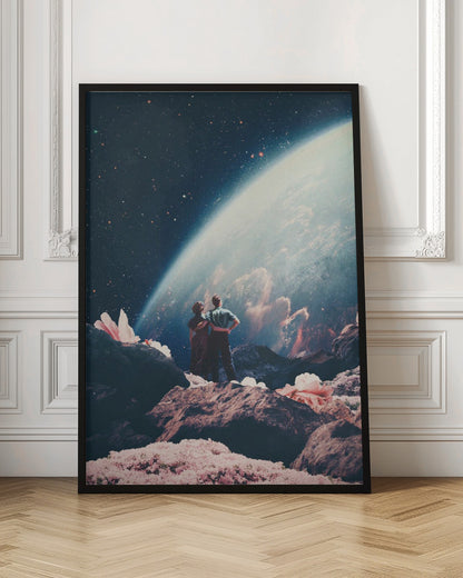 A surreal collage showing a couple standing on a rocky, alien landscape dotted with large pink flowers, gazing up at a vast, star-filled cosmos dominated by the glowing curve of a massive planet. Decor