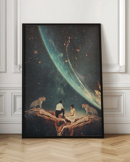 A surreal vintage-style collage depicting a man and a woman sitting on a rocky cliff, flanked by two leopards, as they gaze upon the vast expanse of a star-filled galaxy and a large, glowing planet looming in the sky. Decor