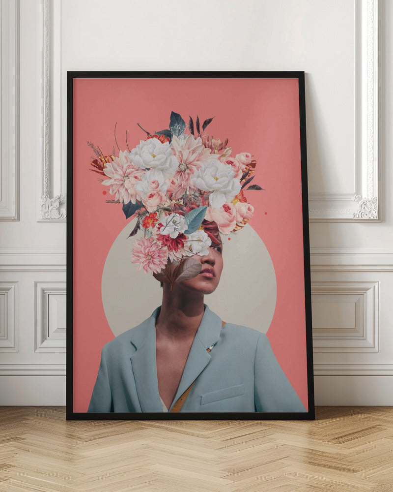 A surreal collage portrait of a person wearing a light blue blazer against a coral pink background. Their head is an explosion of various flowers, including white peonies and pink dahlias, creating a vibrant and artistic headpiece. A large, off-white circle is positioned behind them. Poster