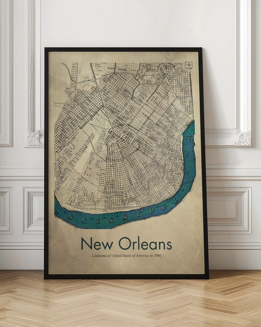 A framed vintage-style map of New Orleans from 1900. The map details are in black ink on a beige, aged paper background. The Mississippi River is highlighted in a vibrant teal color, curving around the bottom of the city grid. The text 'New Orleans' is displayed prominently at the bottom. Decor