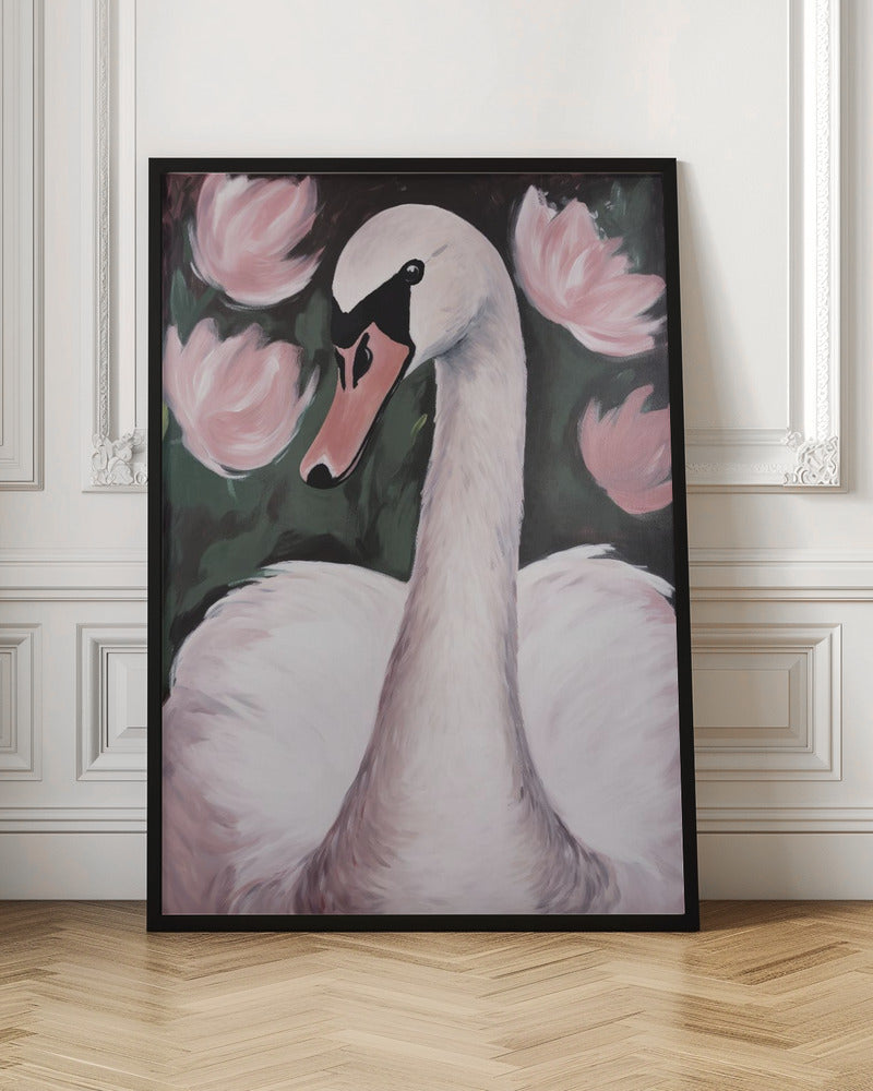 A majestic white swan gracefully swimming in a calm pond, surrounded by lush natural scenery. Decor