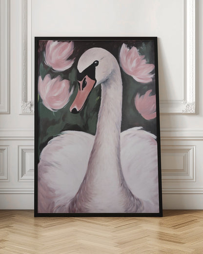 A majestic white swan gracefully swimming in a calm pond, surrounded by lush natural scenery. Decor
