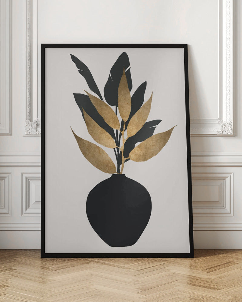 A minimalist framed artwork featuring a black vase holding a plant with both black silhouette leaves and textured gold leaves, set against a simple off-white background. Wall Art