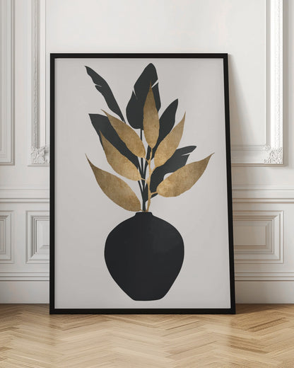 A minimalist framed artwork featuring a black vase holding a plant with both black silhouette leaves and textured gold leaves, set against a simple off-white background. Wall Art