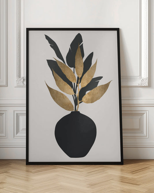 A minimalist framed artwork featuring a black vase holding a plant with both black silhouette leaves and textured gold leaves, set against a simple off-white background. Wall Art