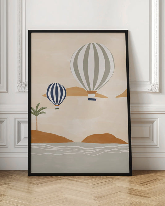 A modern illustration of two striped hot air balloons floating over a calm sea and rolling terracotta hills. The larger balloon is sage green and white, while the smaller one is dark blue and white. A single palm tree stands on the shore under a soft beige sky. Print