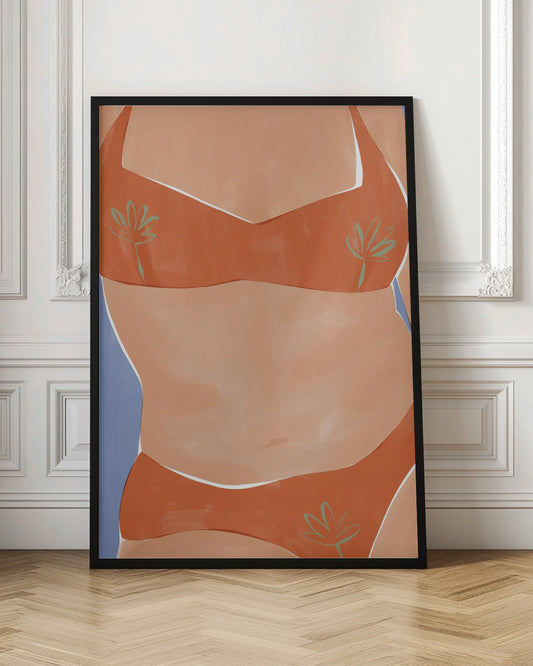 A minimalist illustration of a woman's torso wearing a vibrant orange bikini with small green palm leaf patterns. Her tan skin is set against a solid light blue background, and the artwork has a clean, painterly style. Poster