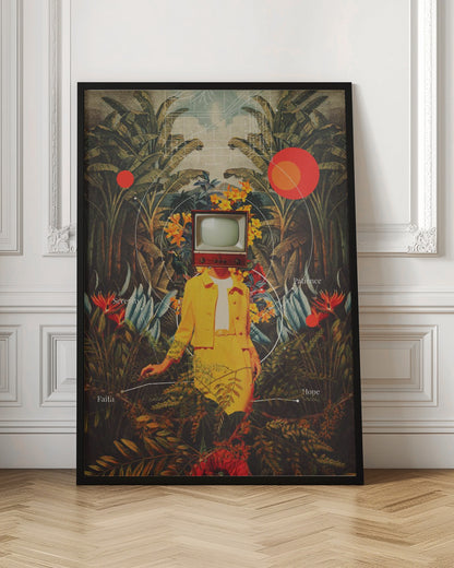 A surreal vintage-style collage of a person with a retro television for a head, wearing a bright yellow suit. They stand amidst a lush tropical jungle of green leaves and colorful flowers. Abstract elements like red circles and white lines connect to the words 'Patience', 'Serenity', 'Hope', and 'Faith'. Poster