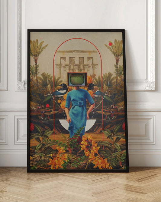 A surreal collage featuring a woman in a vintage blue dress with a retro television for a head. She stands in a lush landscape with palm trees, classical architecture, and magpies, framed by abstract red and white arches. The foreground is filled with vibrant orange and yellow flowers. Artwork