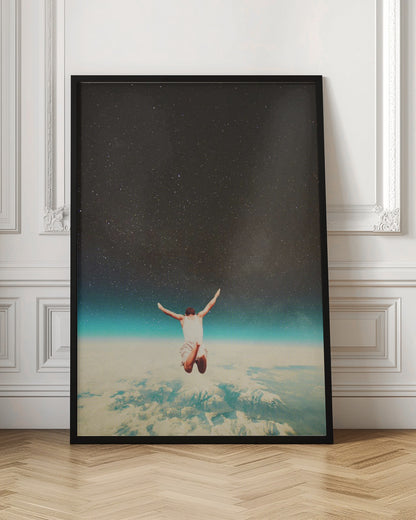 A surreal collage showing a man from behind, jumping with arms outstretched towards a vast, starry night sky, high above a sea of clouds and the blue glow of Earth's atmosphere. Print