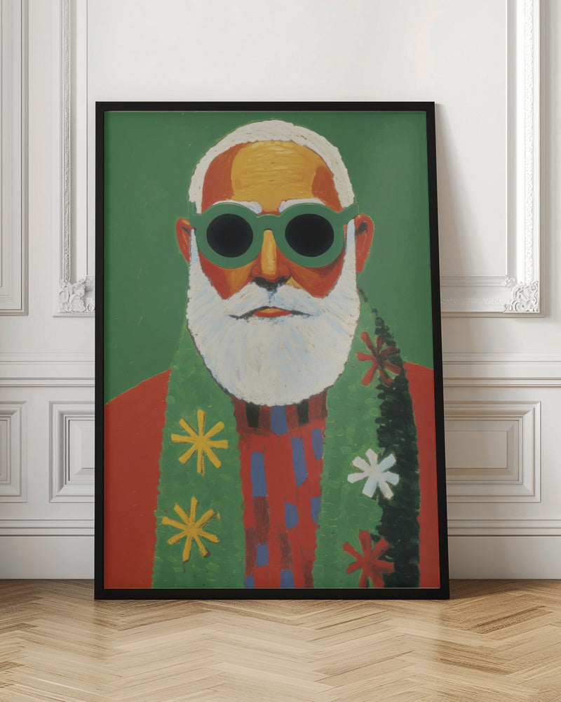 A modern, stylized portrait painting of Santa Claus against a solid green background. He has a white beard and hair, and is wearing oversized round green sunglasses, a red sweater, and a green scarf decorated with colorful snowflakes. Print