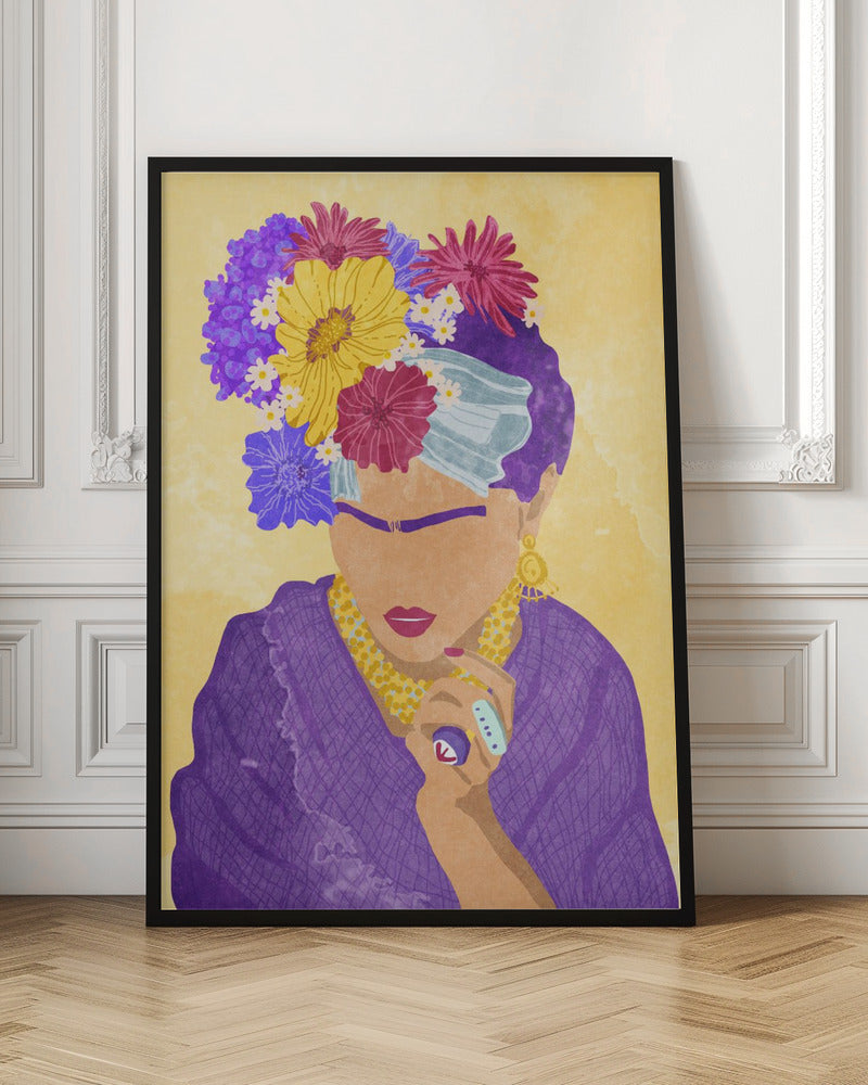 A stylized portrait illustration of a woman resembling Frida Kahlo against a yellow background. She wears a crown of vibrant purple, yellow, and magenta flowers, a purple dress, and gold jewelry. Her face is abstracted, featuring her iconic unibrow and red lipstick. Wall Art