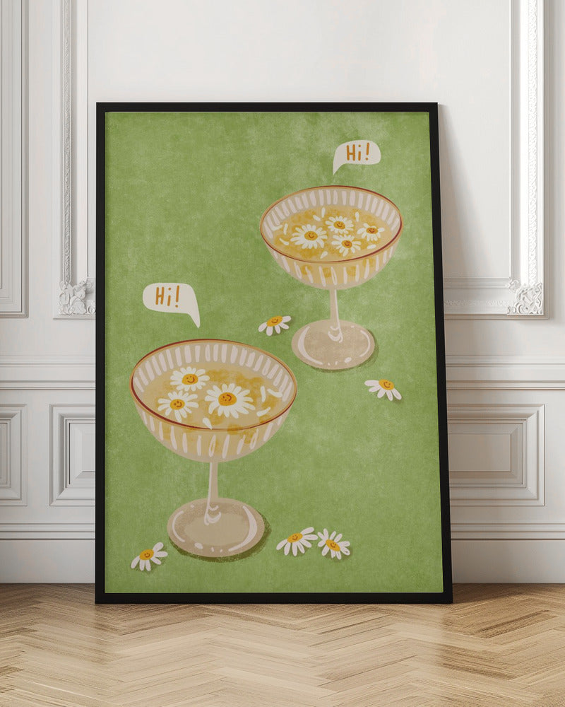 A whimsical illustration featuring two cocktail coupe glasses on a light green background. The glasses are filled with a yellow liquid and have smiling white daisies floating in them. Two speech bubbles say 'Hi!', adding a friendly and cheerful vibe to the scene. Wall Art