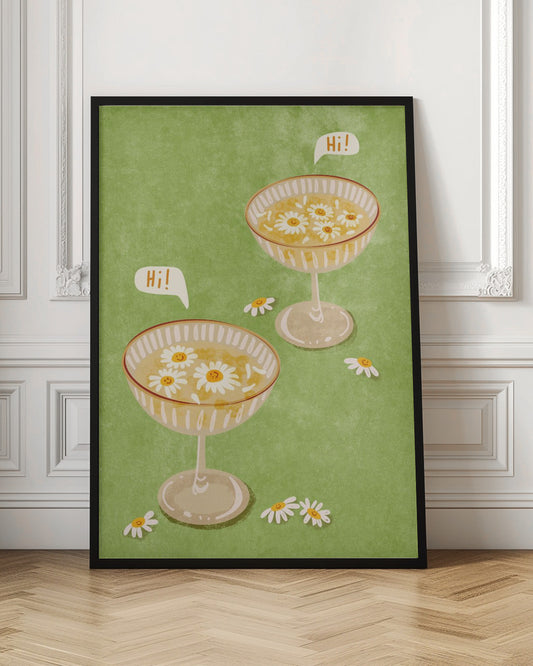 A whimsical illustration featuring two cocktail coupe glasses on a light green background. The glasses are filled with a yellow liquid and have smiling white daisies floating in them. Two speech bubbles say 'Hi!', adding a friendly and cheerful vibe to the scene. Wall Art