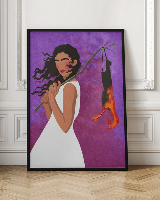 A graphic illustration of a woman with long, dark hair in a white dress, set against a vibrant purple background. She holds a branch over her shoulder from which a black object, possibly a bra, hangs and burns with bright orange flames. Artwork