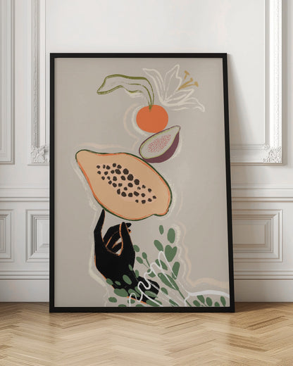 A modern illustration of a black hand balancing a sliced papaya. Above it floats a fig, an orange, and a white lily, with green leaves below, all set against a neutral beige background. Print