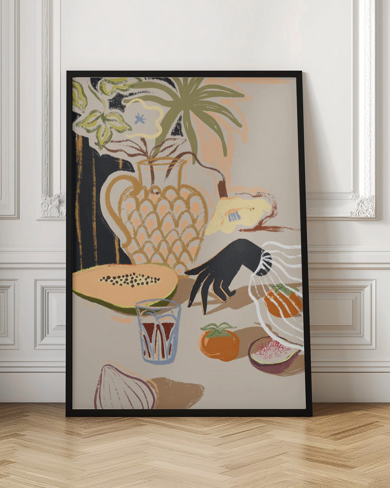 A modern, painterly still life illustration featuring a collection of objects on a beige tabletop. A patterned pitcher holds flowers and a palm frond, while a sliced papaya, a glass of red liquid, a persimmon, a fig, and an onion are arranged in the foreground. A stylized black hand with a white ruffled cuff reaches in from the right. Decor