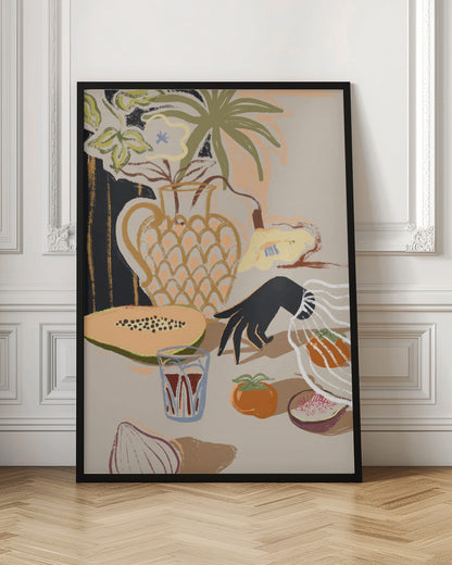 A modern, painterly still life illustration featuring a collection of objects on a beige tabletop. A patterned pitcher holds flowers and a palm frond, while a sliced papaya, a glass of red liquid, a persimmon, a fig, and an onion are arranged in the foreground. A stylized black hand with a white ruffled cuff reaches in from the right. Decor