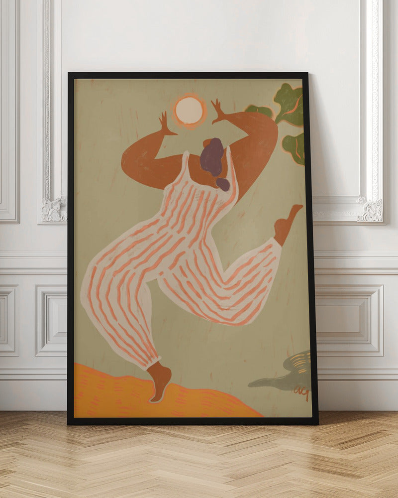 A stylized, painterly illustration of a woman with dark skin joyfully dancing or jumping. She wears a white and orange striped jumpsuit and raises her arms toward a bright sun against a muted green background. Print