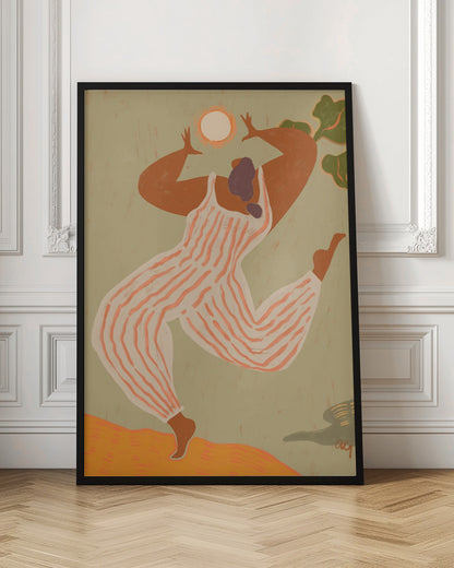 A stylized, painterly illustration of a woman with dark skin joyfully dancing or jumping. She wears a white and orange striped jumpsuit and raises her arms toward a bright sun against a muted green background. Print