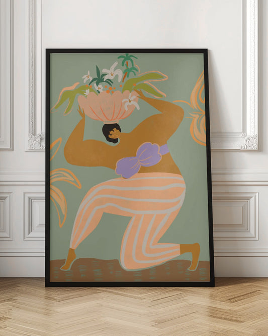 A stylized illustration of a woman kneeling against a sage green background. She has tan skin, black hair, and wears orange and white striped pants with a lavender bikini top. She holds a large pink bowl filled with white flowers and green tropical leaves on her head. Wall Art
