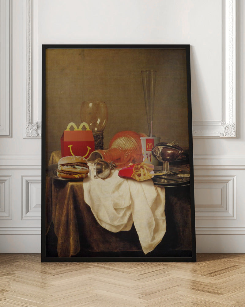 A parody artwork depicting a classical Baroque-style still life painting where traditional objects are replaced with McDonald's fast food. On a draped table sits a Big Mac, a Happy Meal box, french fries, and a soda, alongside ornate glassware and goblets. Wall Art