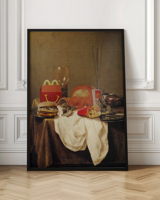 A parody artwork depicting a classical Baroque-style still life painting where traditional objects are replaced with McDonald's fast food. On a draped table sits a Big Mac, a Happy Meal box, french fries, and a soda, alongside ornate glassware and goblets. Wall Art