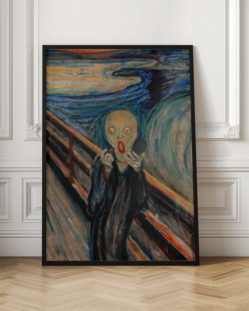 A humorous parody of Edvard Munch's 'The Scream,' where the iconic despairing figure is comically applying bright red lipstick while looking in a handheld mirror against the turbulent, colorful backdrop. Print