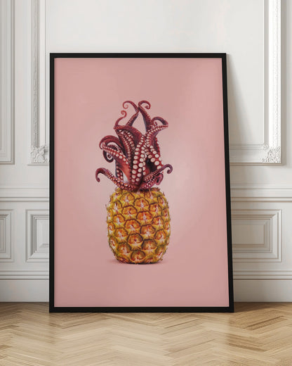 A surreal art print featuring a red octopus sitting atop a yellow pineapple, its tentacles curled upward like a crown, all against a solid light pink background within a black frame. Poster