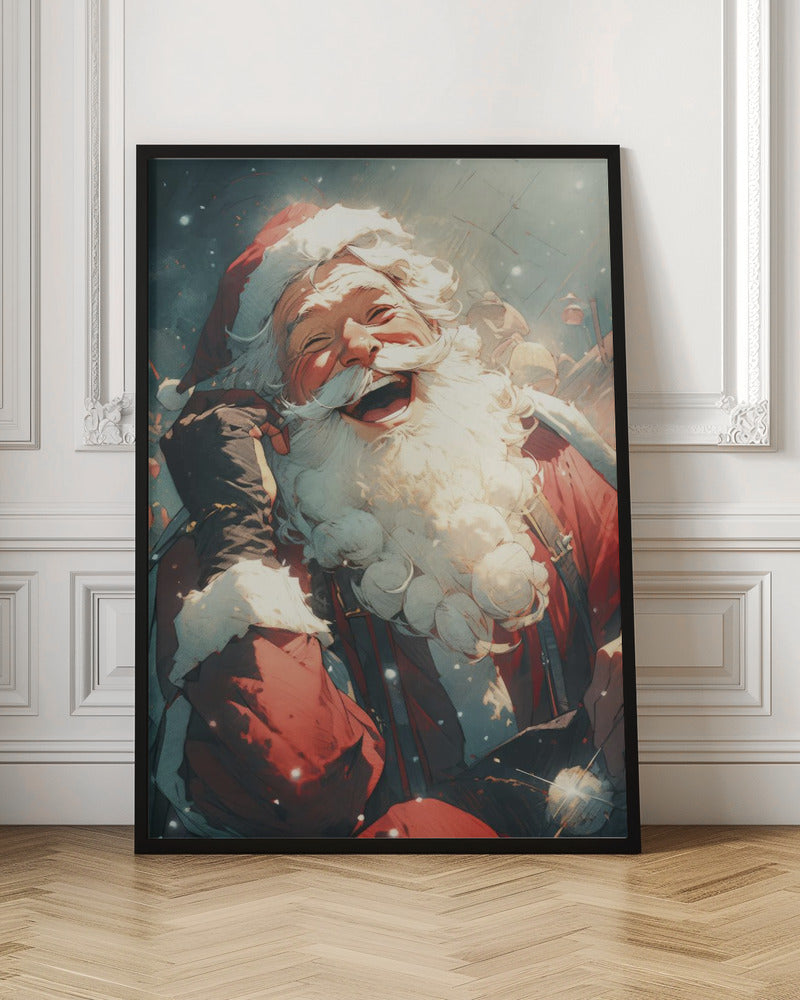 An anime-style illustration of Santa Claus laughing heartily, his head tilted back in joy. He has a full white beard and is wearing his iconic red suit and hat, set against a snowy, blurred background. Poster