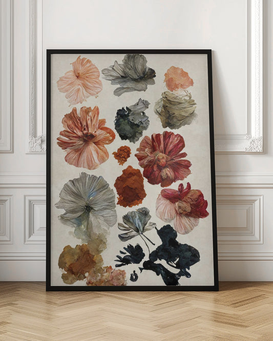 A framed art print displaying a collection of various flowers and petals on a cream-colored background. The flowers are in a painterly, illustrative style, with a muted color palette including terracotta, dusty rose, deep red, and shades of grey and charcoal. Poster