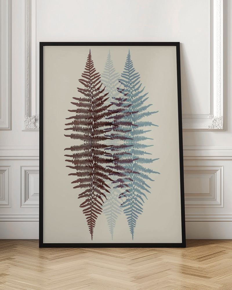 A modern botanical art print featuring three overlapping fern fronds against a cream background. The frond on the left is reddish-brown, the one on the right is blue, and a fainter blue frond is visible in the middle, creating a layered, translucent effect. The entire piece is enclosed in a simple black frame. Wall Art