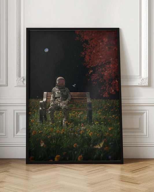 A surreal scene depicting an astronaut in a full spacesuit sitting alone on a wooden park bench in a vibrant field of wildflowers under a starry night sky. The planet Earth is visible in the distance, and a large tree with red leaves frames the right side of the image. Poster