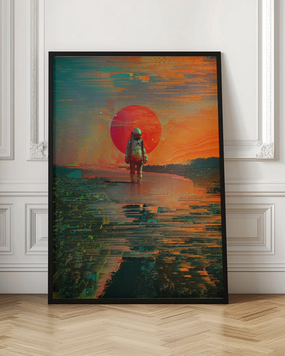 A surreal digital artwork of an astronaut standing in shallow water, with a giant red sun setting in the background against an orange and teal sky. The entire image has a heavy glitch-art effect, with horizontal streaks and pixel sorting that distorts the landscape and reflections. Print