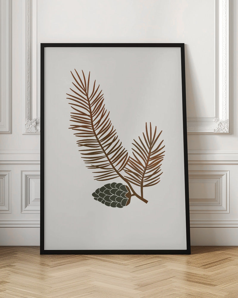 A minimalist art print of a stylized brown pine branch with needles and a dark green pinecone against an off-white background, all within a simple black frame. Wall Art