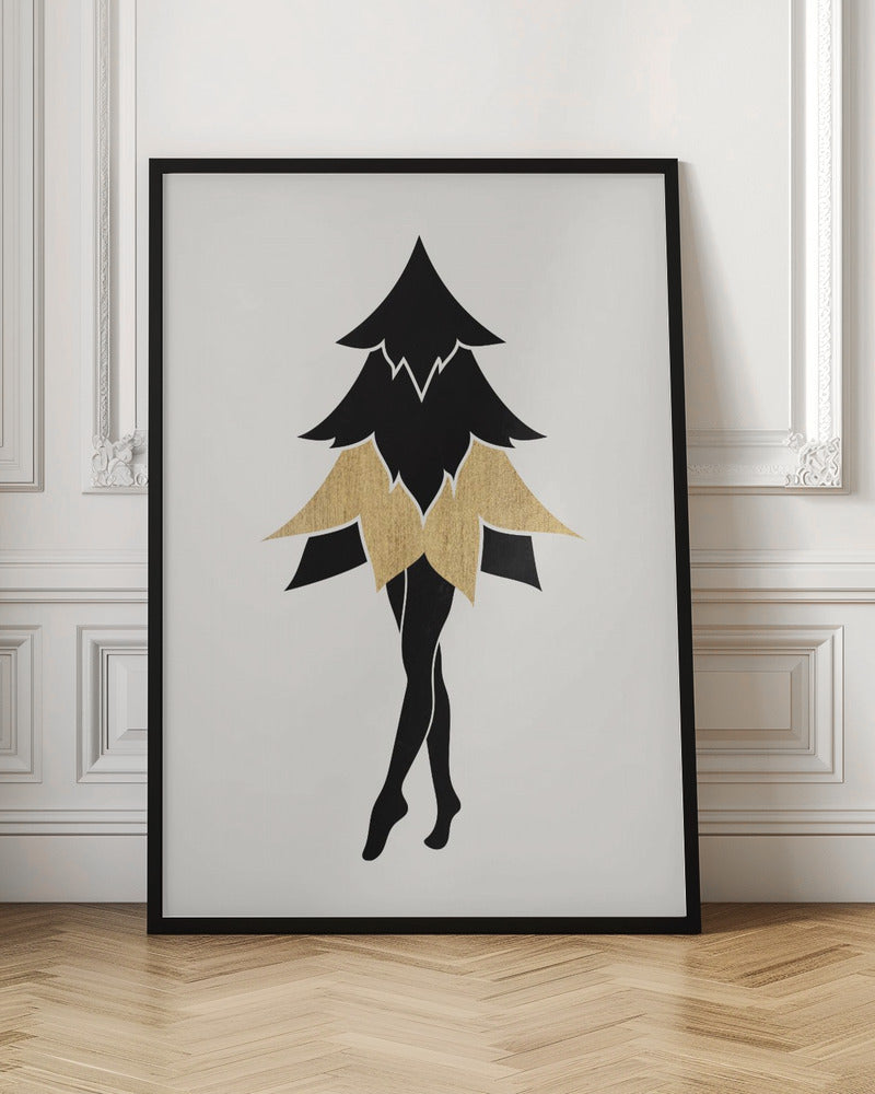 A minimalist framed illustration of a surreal figure with the top of a black fir tree as its torso and head, a gold leaf-like skirt, and slender black human legs posed on tiptoe against a white background. Poster