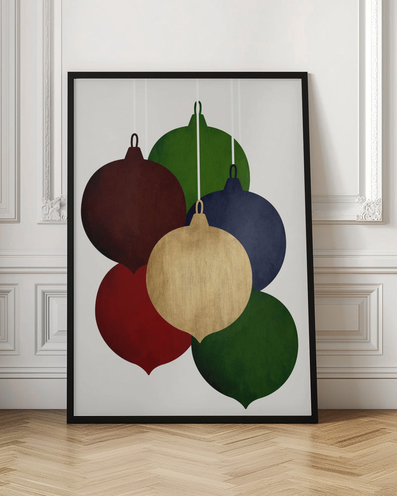 A modern art print showing a collection of six colorful Christmas ornaments in shades of red, green, blue, and gold, hanging against a plain off-white background. Decor