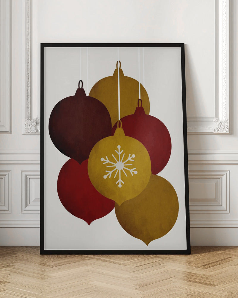 A minimalist illustration of five hanging Christmas ornaments in warm tones of gold, red, and brown. One central gold ornament is detailed with a white snowflake design against an off-white background. Artwork