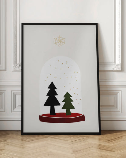 A minimalist illustration of a snow globe against an off-white background. Inside the globe are two simple evergreen trees, one black and one green, with gold dots falling like snow. The globe has a red base, and a single large gold snowflake floats above it. The artwork is enclosed in a thin black frame. Decor