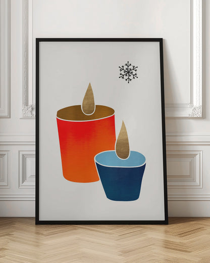 A minimalist illustration of two stylized candles, one large and red-orange, the other small and blue, both with gold flames. A single black snowflake is in the top right corner against an off-white background, all within a black frame. Poster