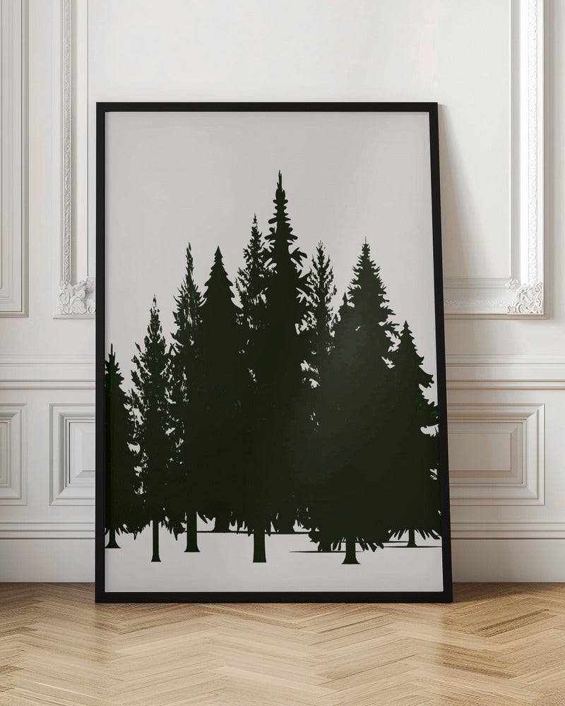 A minimalist framed artwork featuring a dense forest of evergreen trees rendered as dark green silhouettes against a plain, off-white background. Artwork
