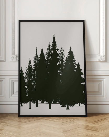 A minimalist framed artwork featuring a dense forest of evergreen trees rendered as dark green silhouettes against a plain, off-white background. Artwork