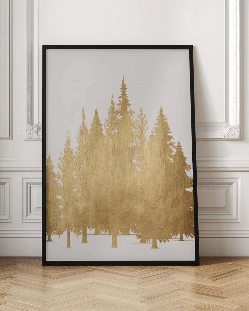 A framed piece of art featuring silhouettes of a pine tree forest in a textured, metallic gold finish against a clean white background, enclosed in a simple black frame. Poster