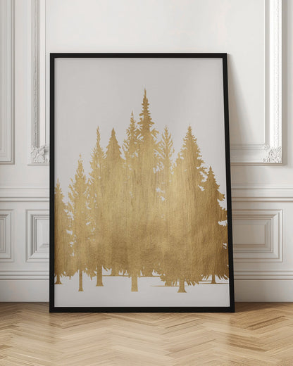 A framed piece of art featuring silhouettes of a pine tree forest in a textured, metallic gold finish against a clean white background, enclosed in a simple black frame. Poster