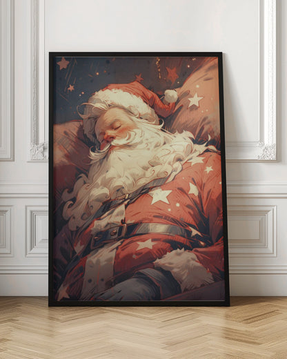 A stylized illustration of Santa Claus sleeping soundly. He wears his classic red suit with white stars and a matching hat, his head resting on a pillow. The background is a dark blue night sky filled with stars, creating a peaceful, festive atmosphere. Decor