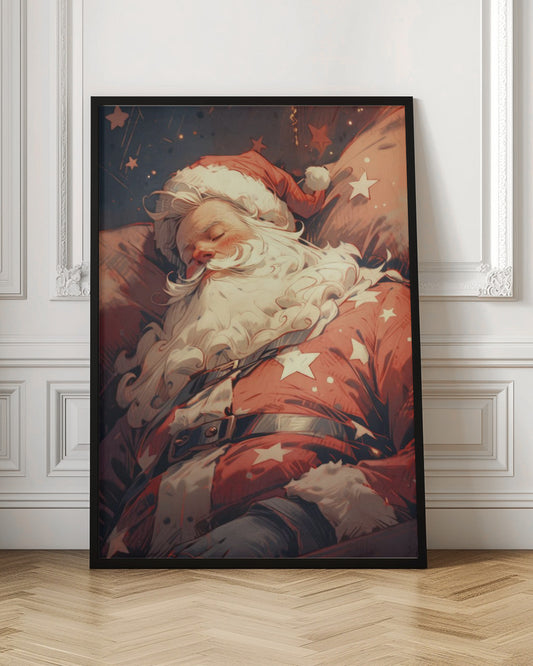 A stylized illustration of Santa Claus sleeping soundly. He wears his classic red suit with white stars and a matching hat, his head resting on a pillow. The background is a dark blue night sky filled with stars, creating a peaceful, festive atmosphere. Decor