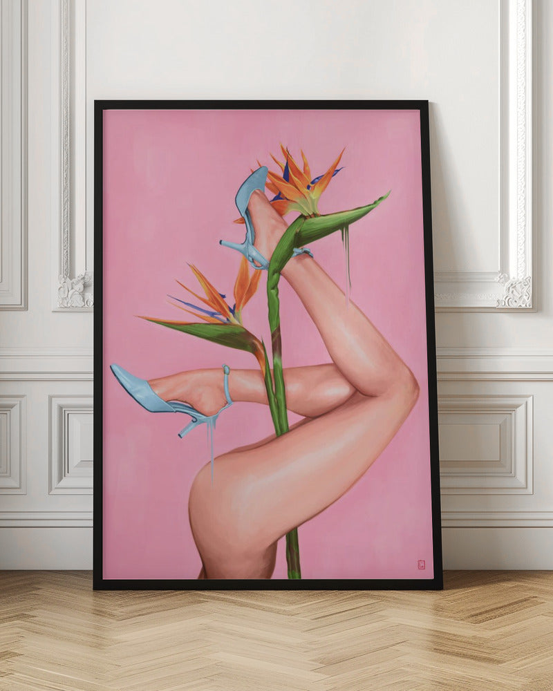 A surrealist painting of a woman's legs and a Bird of Paradise flower against a vibrant pink background. The legs, wearing light blue high heels, are wrapped around the flower's green stalk. Blue liquid drips from the shoes, adding to the dreamlike quality of the artwork. Wall Art