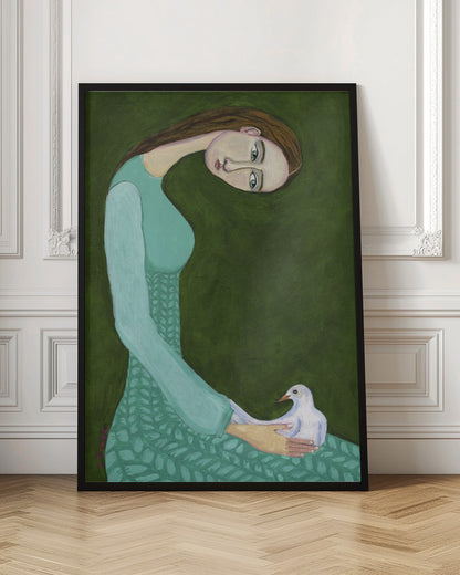 A stylized painting of a woman with a long, gracefully curved neck and brown hair against a dark olive green background. She is wearing a patterned teal dress and looking directly at the viewer while gently cradling a white dove in her hands. Artwork